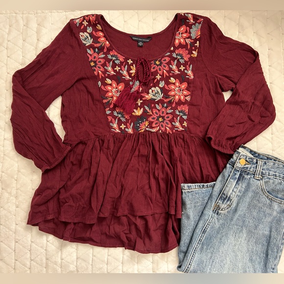 American Eagle Outfitters Burgundy Peplum Embroidered Top with Tassels - Picture 2 of 11